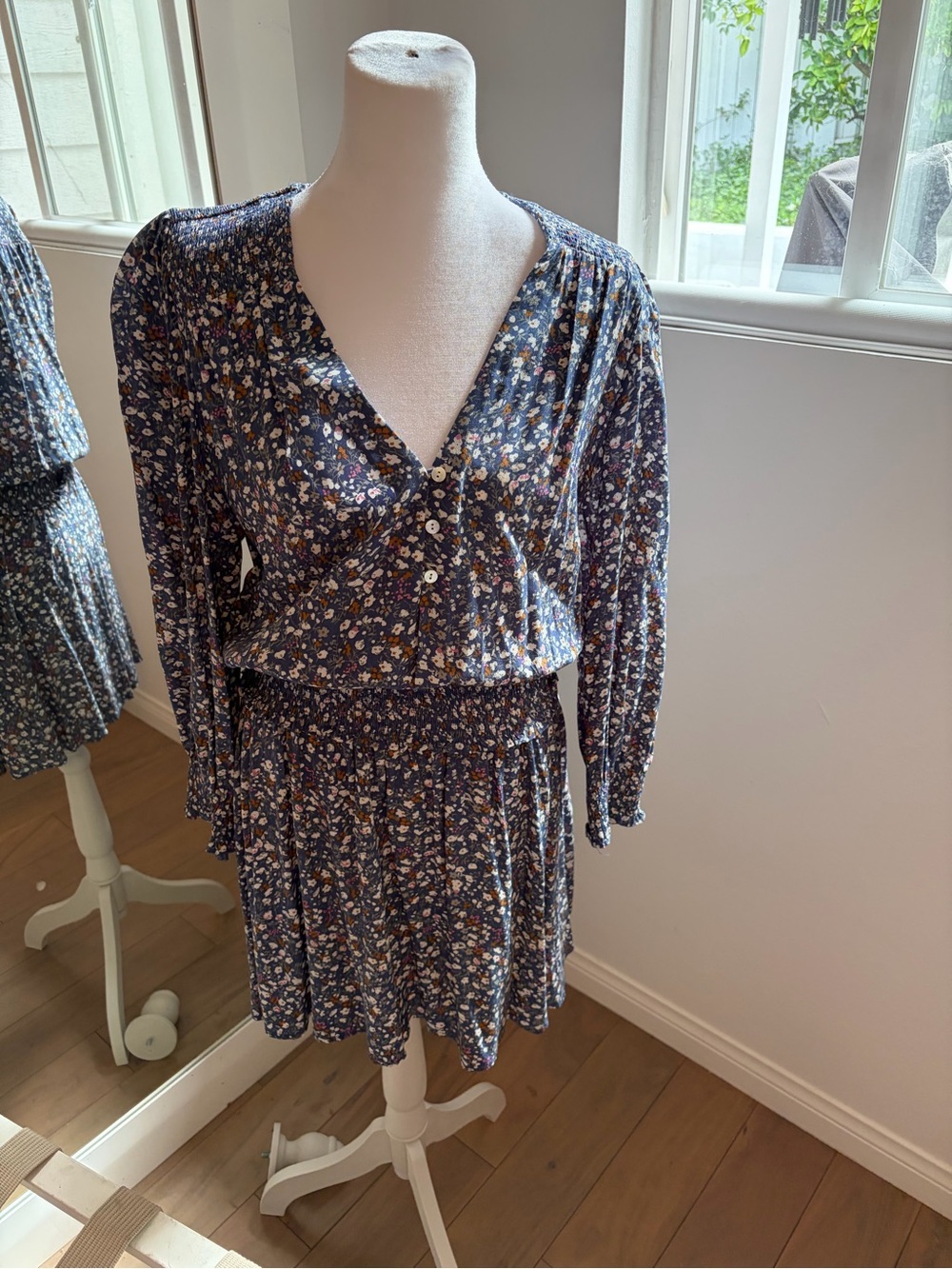Rails Navy Floral Long Sleeve V-Neck Button Dress